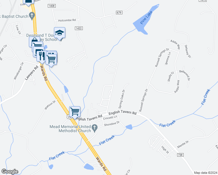 map of restaurants, bars, coffee shops, grocery stores, and more near 163 Old Tavern Circle in Lynchburg