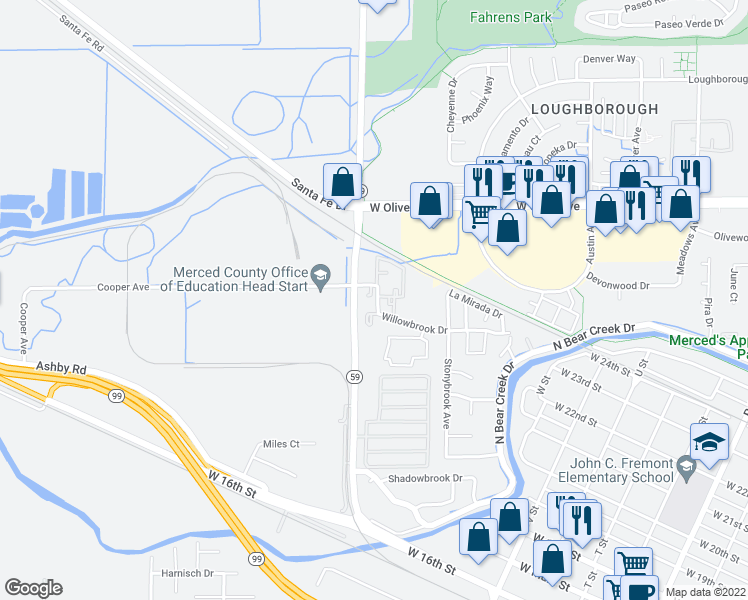 map of restaurants, bars, coffee shops, grocery stores, and more near 2973 Willowbrook Drive in Merced