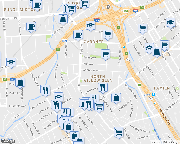 map of restaurants, bars, coffee shops, grocery stores, and more near 520 Atlanta Ave in San Jose