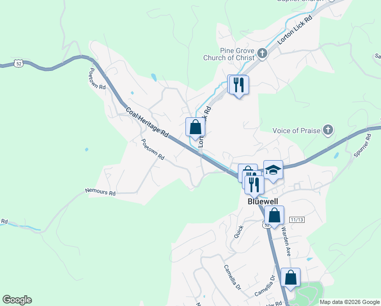 map of restaurants, bars, coffee shops, grocery stores, and more near 4489 Coal Heritage Rd in Bluefield