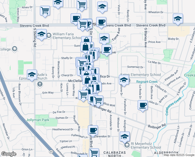map of restaurants, bars, coffee shops, grocery stores, and more near 20425 Silverado Avenue in Cupertino