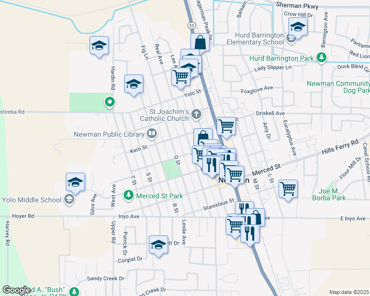 map of restaurants, bars, coffee shops, grocery stores, and more near 1305 P Street in Newman