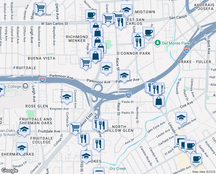 map of restaurants, bars, coffee shops, grocery stores, and more near 1400 Parkmoor Avenue in San Jose