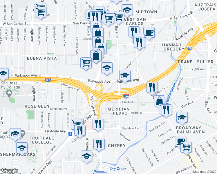 map of restaurants, bars, coffee shops, grocery stores, and more near 1400 Parkmoor Avenue in San Jose