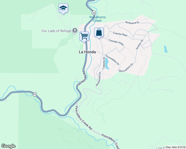 map of restaurants, bars, coffee shops, grocery stores, and more near 35 Sequoia Drive in La Honda