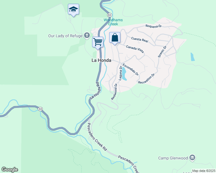 map of restaurants, bars, coffee shops, grocery stores, and more near 35 Sequoia Drive in La Honda