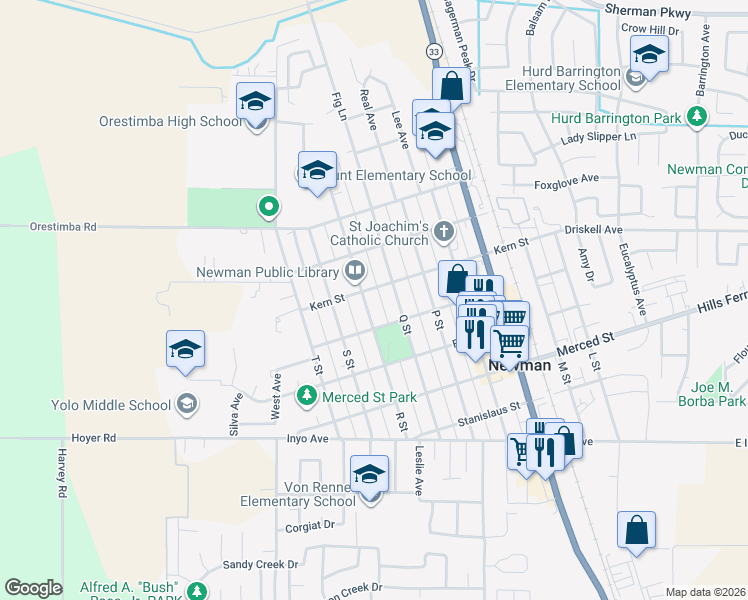 map of restaurants, bars, coffee shops, grocery stores, and more near 1229 R Street in Newman