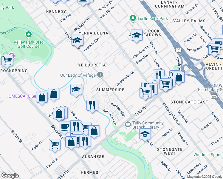 map of restaurants, bars, coffee shops, grocery stores, and more near Lucretia Ave & Summerside Dr in San Jose