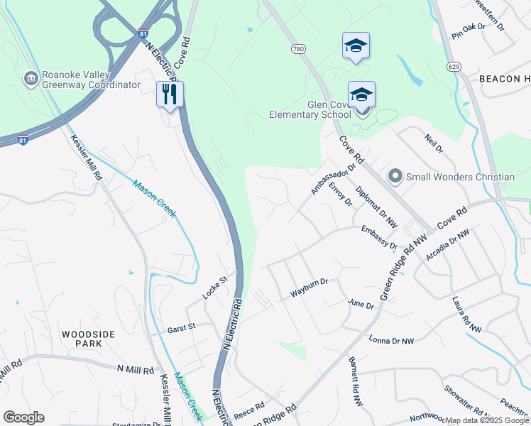 map of restaurants, bars, coffee shops, grocery stores, and more near 5711 Deputy Drive in Roanoke