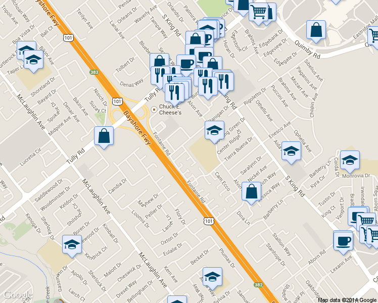 map of restaurants, bars, coffee shops, grocery stores, and more near 2582 Tosca Way in San Jose