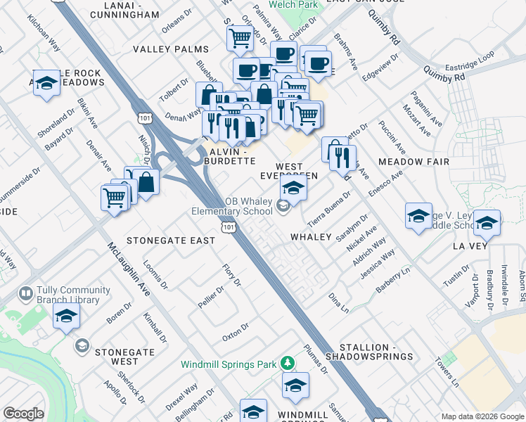 map of restaurants, bars, coffee shops, grocery stores, and more near 2582 Tosca Way in San Jose