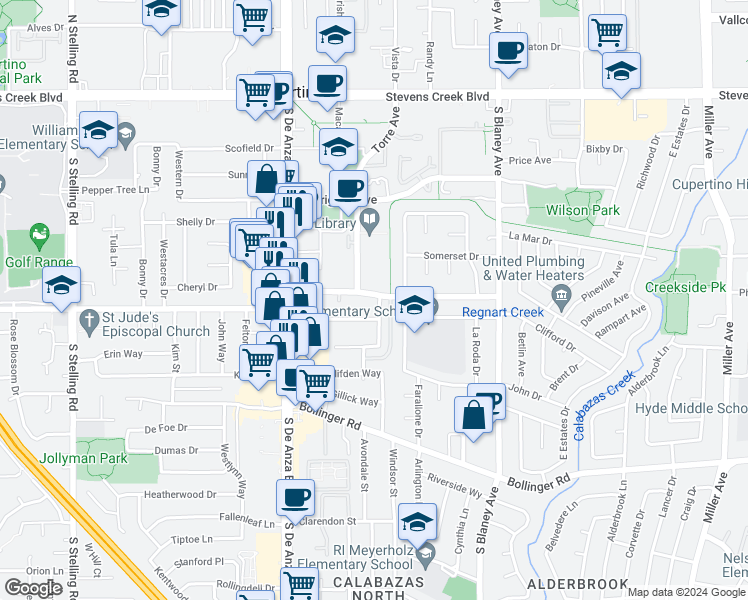 map of restaurants, bars, coffee shops, grocery stores, and more near 20272 Pacifica Drive in Cupertino