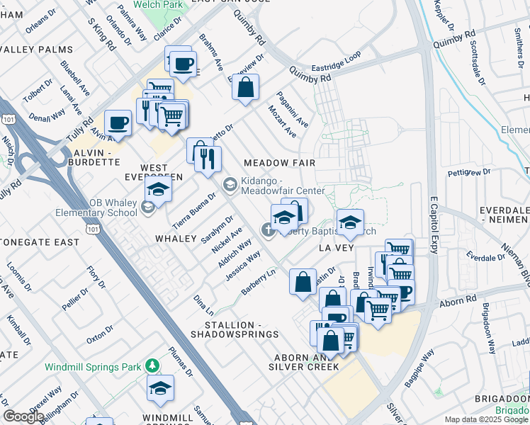 map of restaurants, bars, coffee shops, grocery stores, and more near 2748 Aida Avenue in San Jose