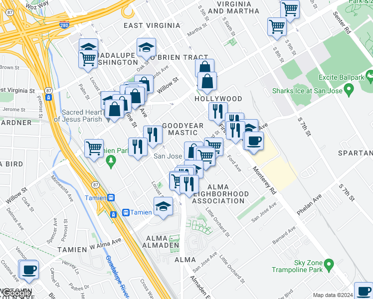 map of restaurants, bars, coffee shops, grocery stores, and more near 1278 Plum Street in San Jose