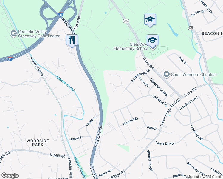 map of restaurants, bars, coffee shops, grocery stores, and more near 5711 Deputy Drive in Roanoke