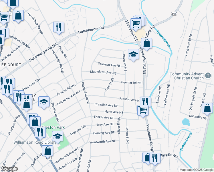 map of restaurants, bars, coffee shops, grocery stores, and more near 4336 Link Street Northeast in Roanoke