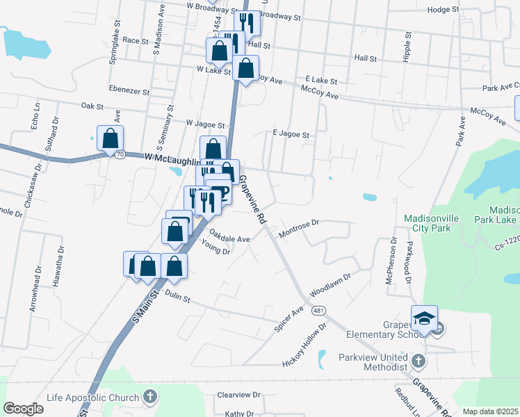 map of restaurants, bars, coffee shops, grocery stores, and more near 800 Grapevine Road in Madisonville