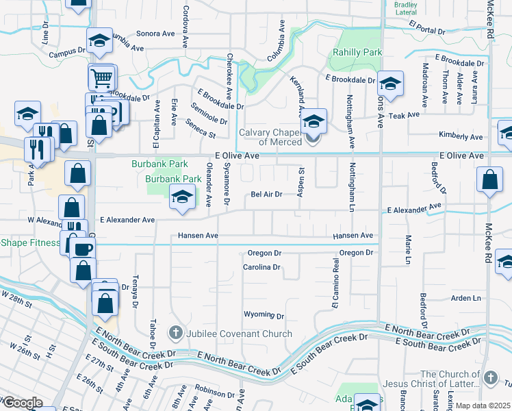 map of restaurants, bars, coffee shops, grocery stores, and more near 1009 East Alexander Avenue in Merced
