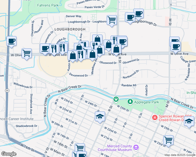 map of restaurants, bars, coffee shops, grocery stores, and more near 1230 Arbor Place in Merced