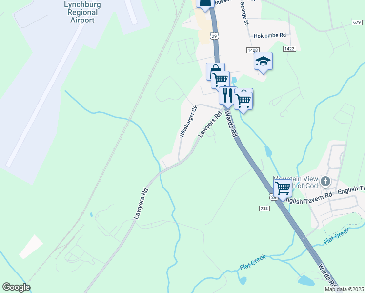 map of restaurants, bars, coffee shops, grocery stores, and more near 344 Winebarger Circle in Lynchburg