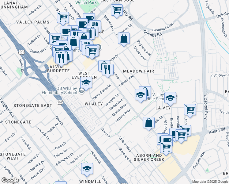 map of restaurants, bars, coffee shops, grocery stores, and more near 1688 Enesco Avenue in San Jose
