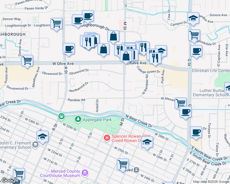 map of restaurants, bars, coffee shops, grocery stores, and more near 670 Northwood Drive in Merced