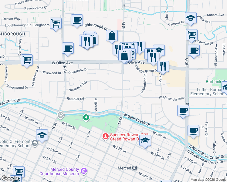 map of restaurants, bars, coffee shops, grocery stores, and more near 645 Rambler Road in Merced