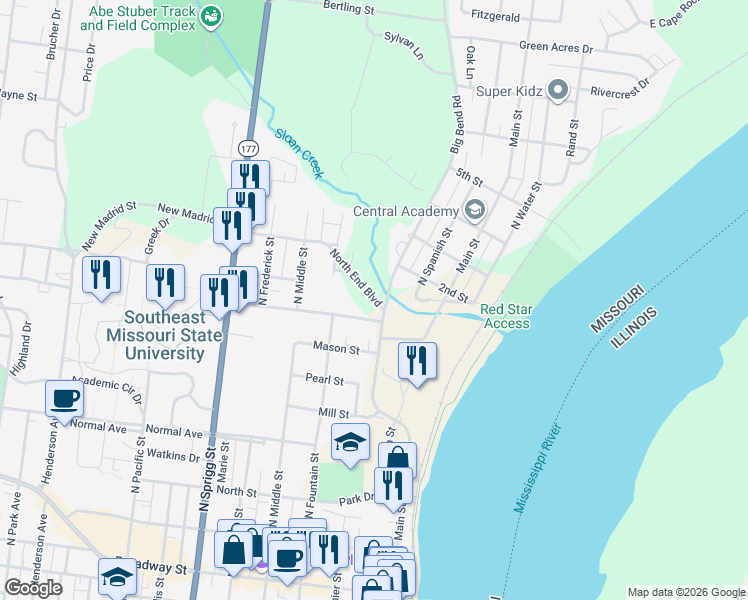 map of restaurants, bars, coffee shops, grocery stores, and more near 319 North End Boulevard in Cape Girardeau