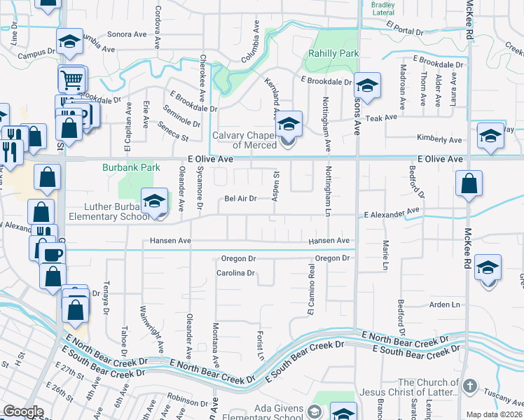 map of restaurants, bars, coffee shops, grocery stores, and more near 1134 East Alexander Avenue in Merced