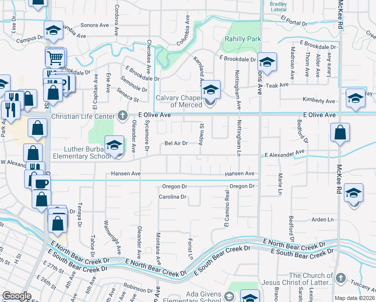map of restaurants, bars, coffee shops, grocery stores, and more near 1177 East Alexander Avenue in Merced