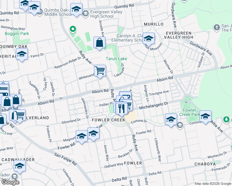 map of restaurants, bars, coffee shops, grocery stores, and more near 3100 Ruby Avenue in San Jose