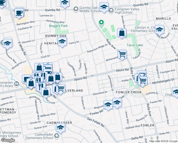 map of restaurants, bars, coffee shops, grocery stores, and more near 3299 Janelle Drive in San Jose