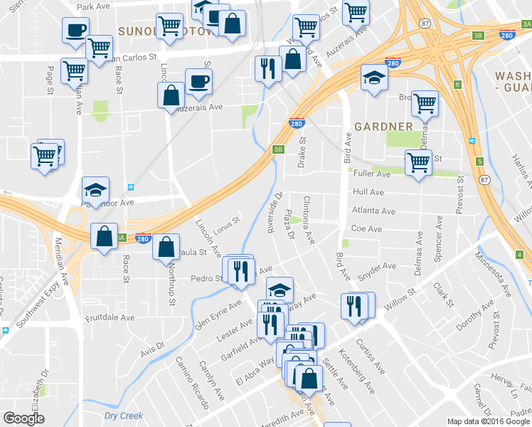 map of restaurants, bars, coffee shops, grocery stores, and more near 894 Riverside Drive in San Jose