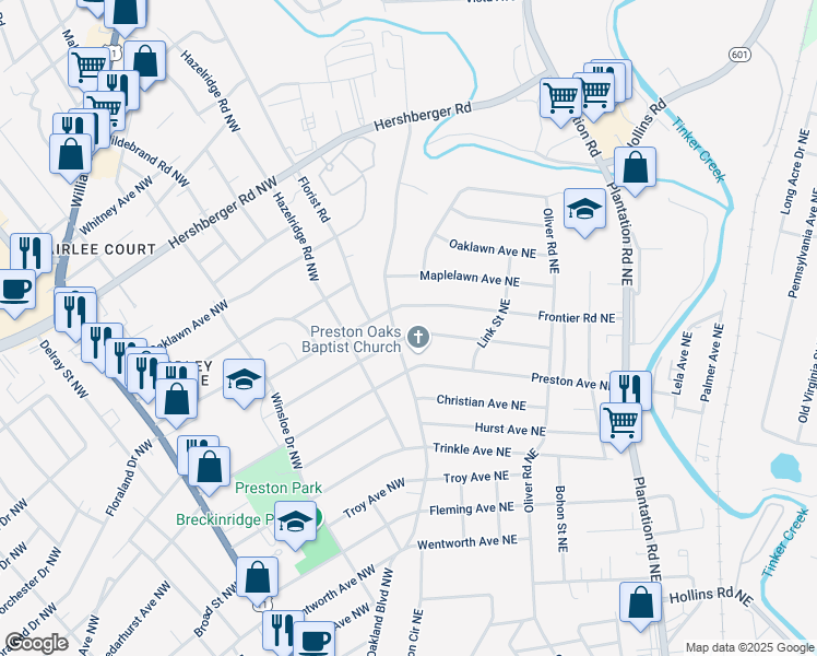 map of restaurants, bars, coffee shops, grocery stores, and more near 3429 Crittendon Avenue Northwest in Roanoke
