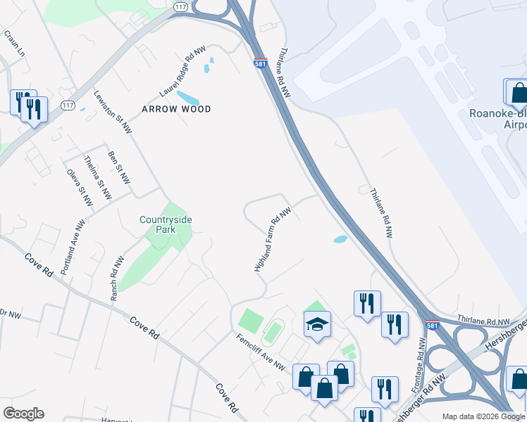 map of restaurants, bars, coffee shops, grocery stores, and more near 2312 Highland Farm Road Northwest in Roanoke