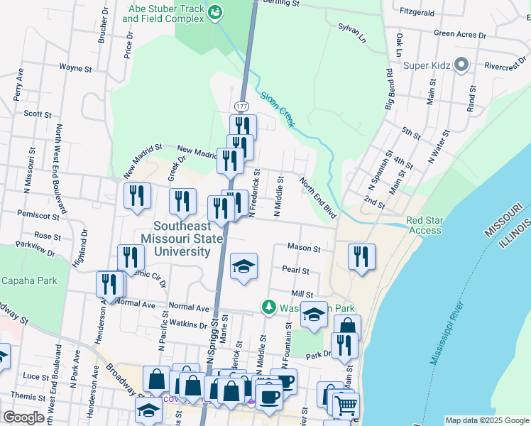 map of restaurants, bars, coffee shops, grocery stores, and more near 507 Olive Street in Cape Girardeau