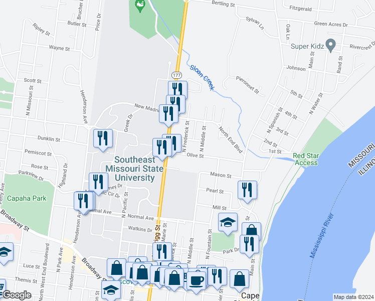 map of restaurants, bars, coffee shops, grocery stores, and more near 507 Olive Street in Cape Girardeau