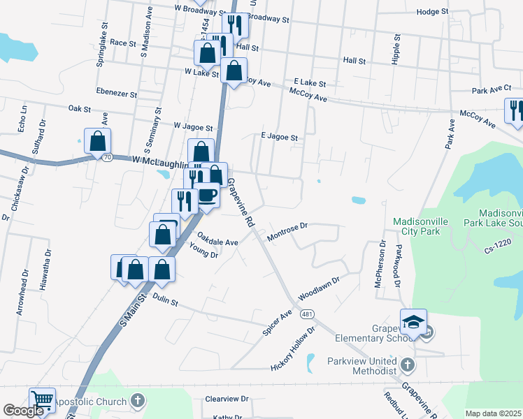 map of restaurants, bars, coffee shops, grocery stores, and more near 799 South Franklin Street in Madisonville