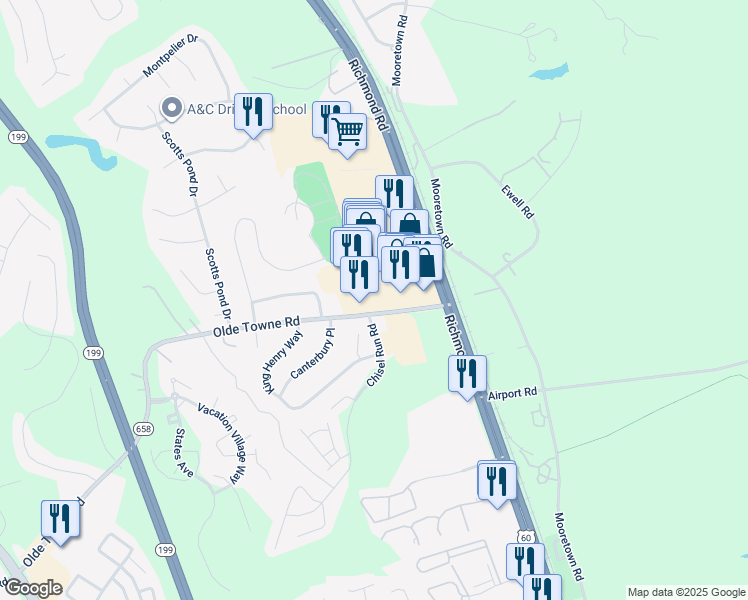 map of restaurants, bars, coffee shops, grocery stores, and more near 5600 Richmond Road in Williamsburg