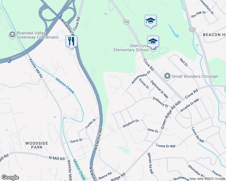 map of restaurants, bars, coffee shops, grocery stores, and more near 5707 Deputy Drive in Roanoke