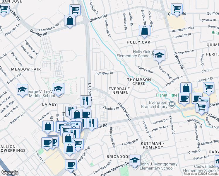 map of restaurants, bars, coffee shops, grocery stores, and more near 3044 Plumstead Way in San Jose