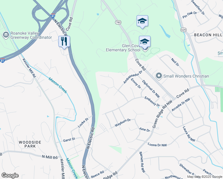 map of restaurants, bars, coffee shops, grocery stores, and more near 5616 Legate Drive in Roanoke