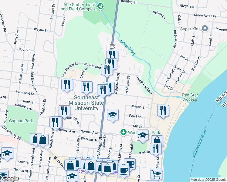 map of restaurants, bars, coffee shops, grocery stores, and more near 547 Olive Street in Cape Girardeau