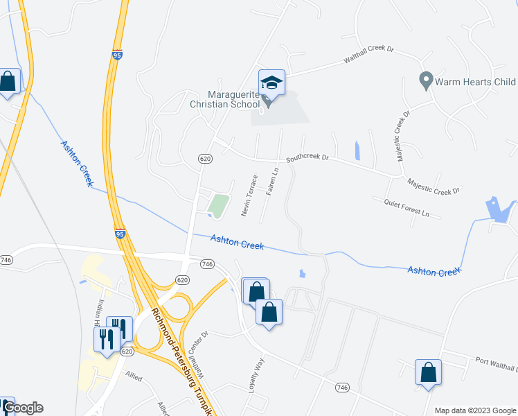 map of restaurants, bars, coffee shops, grocery stores, and more near 15212 Fairen Lane in Colonial Heights