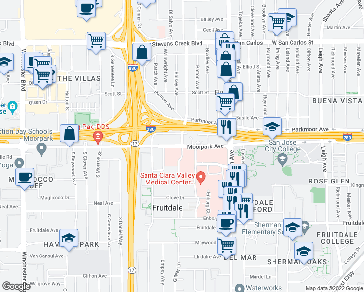 map of restaurants, bars, coffee shops, grocery stores, and more near Moorpark Ave & Macarthur Ave in San Jose