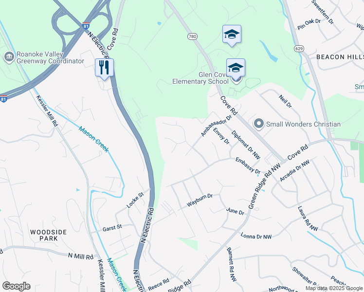 map of restaurants, bars, coffee shops, grocery stores, and more near 5616 Legate Drive in Roanoke