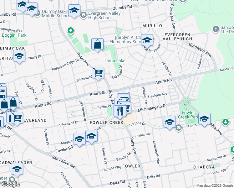 map of restaurants, bars, coffee shops, grocery stores, and more near 3126 Moncontour Court in San Jose