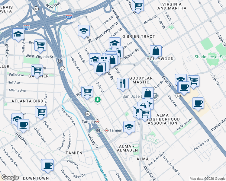 map of restaurants, bars, coffee shops, grocery stores, and more near 1165 Locust Street in San Jose