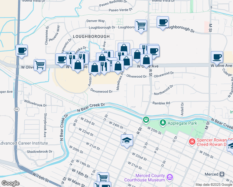 map of restaurants, bars, coffee shops, grocery stores, and more near 1274 Devonwood Drive in Merced