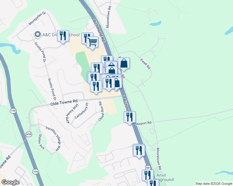 map of restaurants, bars, coffee shops, grocery stores, and more near 5541 Richmond Road in Williamsburg